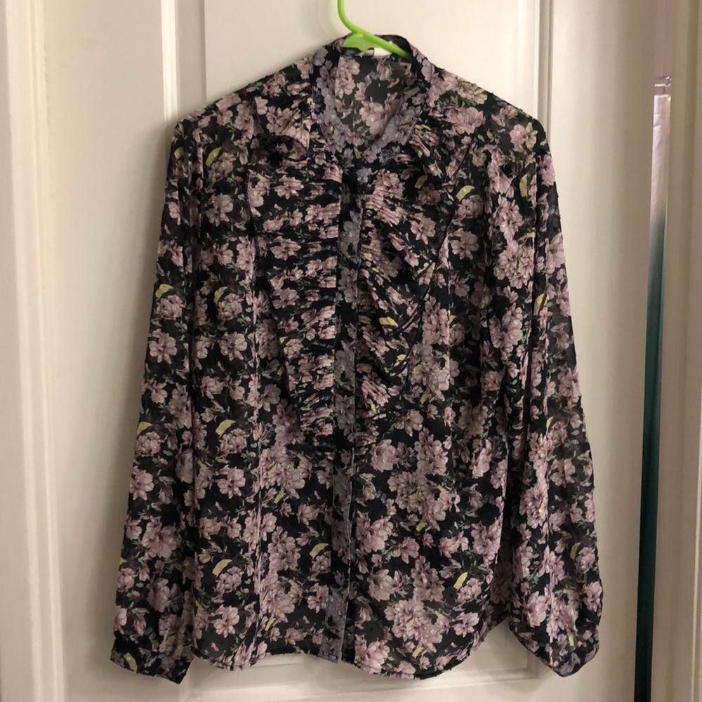 Sheer Black and Purple Floral Tuxedo Blouse